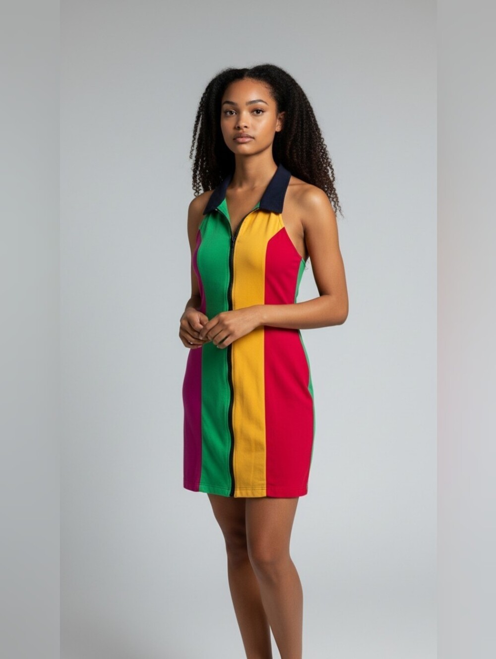 Vintage Colorblock Zip-Front Polo Dress in Green, Yellow & Pink